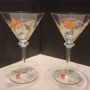 Martini Cocktail Glasses w/Wire & Handpainted Butterflies Romania Pre-owned